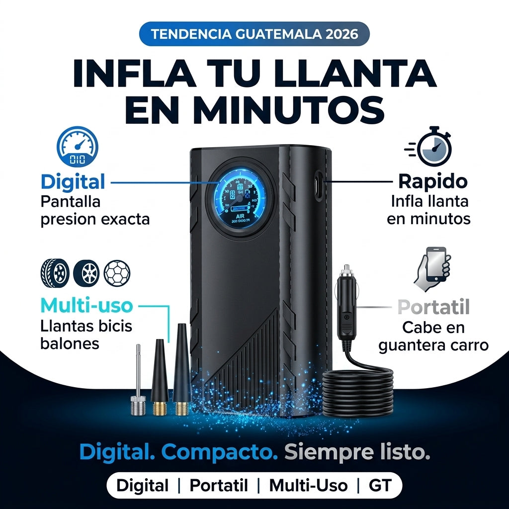 Compresor de Aire Digital Portatil |  Infla Llantas Bicis y Balones en Minutos |  Pantalla Digital Presion Exacta |  Envio Express Guatemala