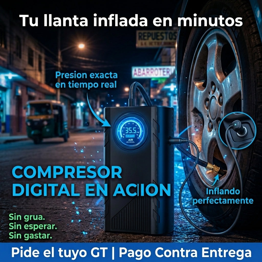 Compresor de Aire Digital Portatil |  Infla Llantas Bicis y Balones en Minutos |  Pantalla Digital Presion Exacta |  Envio Express Guatemala