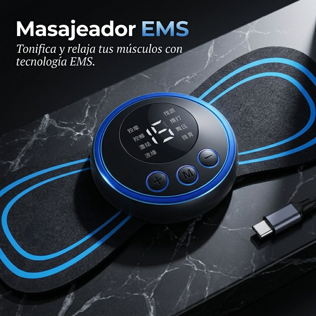 “Masajeador EMS Recargable – Relaja y Tonifica Tecnología EMS para músculos fuertes y relajados .8 modos, 15 intensidades”